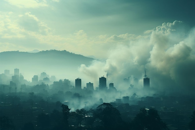 La ville est voilée par la brume estivale et l'avertissement du réchauffement climatique