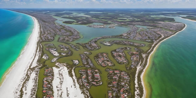 Une ville est vue du ciel avec un grand nombre de maisons sur la gauche et une plage en arrière-plan.