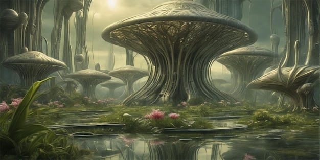 Une ville extraterrestre dans les zones humides d'une planète extraterrestre Des fleurs Des gouttes d'eau
