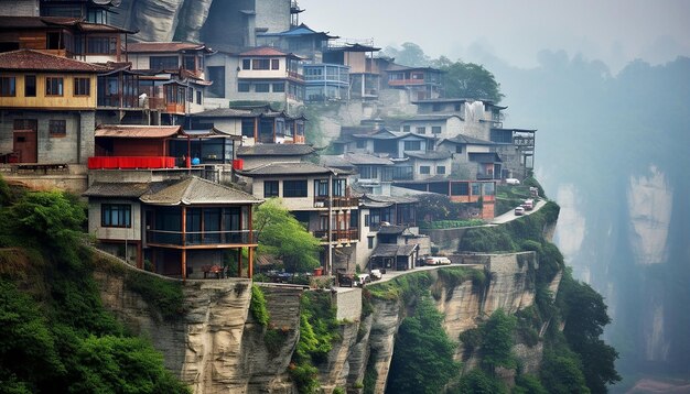 Une ville sur une falaise avec des maisons inclinées où les Chinois vivent paisiblement et pratiquent la photo de piste