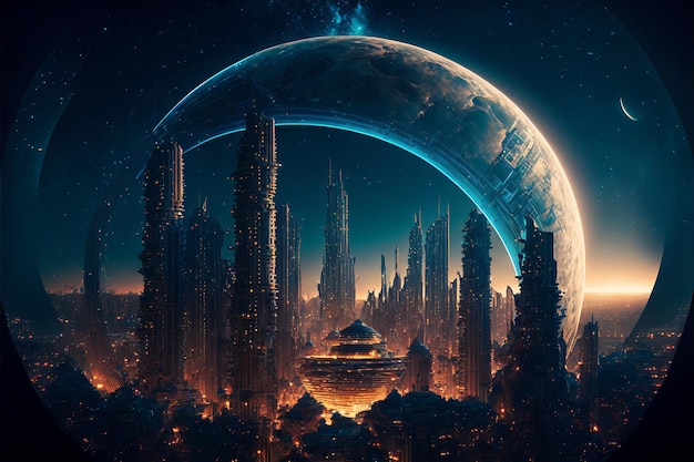 Ville fantastique du futur Monde futuriste Vue nocturne des néons AI générative