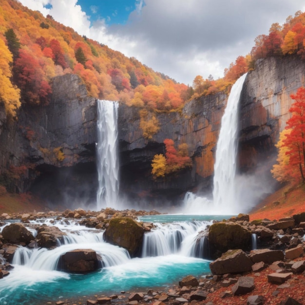 Une ville fantastique, des montagnes avec des cascades d'eau.