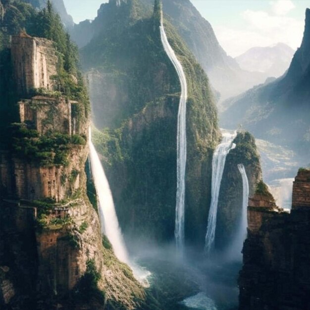 Photo une ville fantastique, des montagnes avec des cascades d'eau.