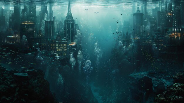 Une ville fantastique submergée dans un paysage sous-marin