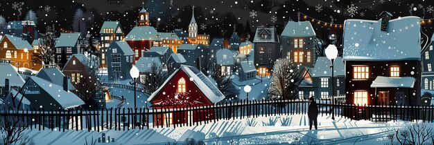 La ville festive d'hiver, une illustration des rues enneigées et des maisons confortables qui capturent la magie et la chaleur de la saison des fêtes