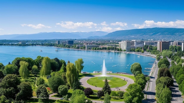 une ville avec une fontaine au milieu