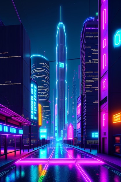 ville future onde de foudre 3d cgi néon brillant cyberpunk ville néon