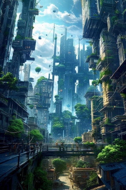 Une ville futuriste avec des arbres le long de la route