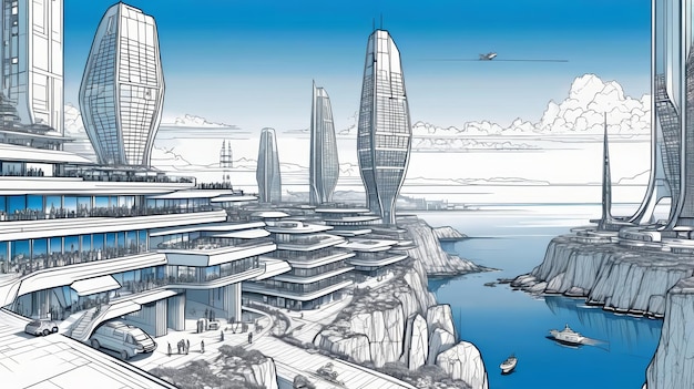 Une ville futuriste au bord de l'eau