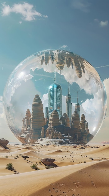 Photo une ville futuriste au dôme de verre émergeant des sables du désert de gobi hyper réaliste