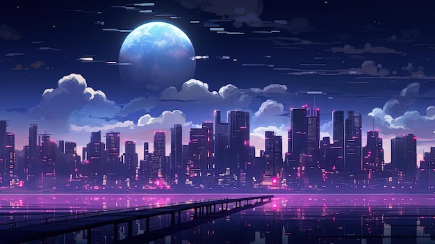 une ville futuriste avec des bâtiments de haute technologie la nuit dans le style de l'esthétique kawaii