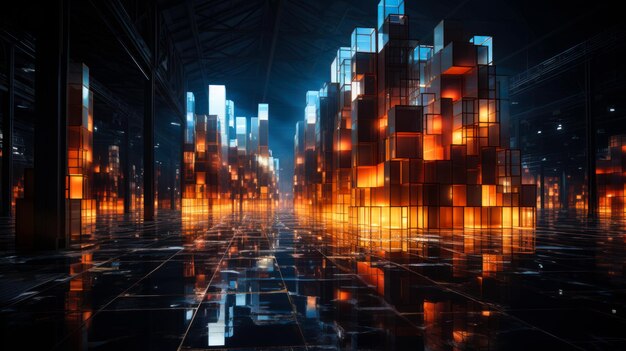 Une ville futuriste avec beaucoup de lumières orange