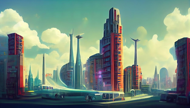 Ville futuriste Concept Art Paysage urbain avec illustration 3D de néons lumineux