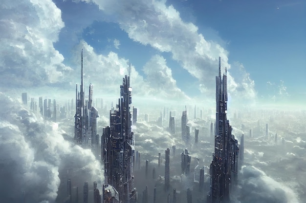 Ville futuriste dans les nuages Avenir de l'évolution de l'humanité dans l'architecture urbaine style de vie néo ville