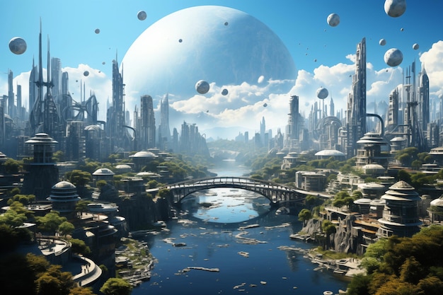 La ville futuriste du centre-ville L'horizon de la ville fantastique sur une planète extraterrestre par generative Ai