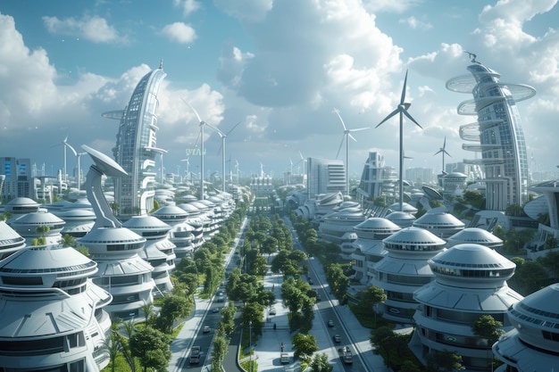 Ville futuriste durable avec une architecture écologique Une ville futuriste avec une architecture innovante tous les bâtiments et rues sont conçus avec la durabilité à l'esprit alimentés par l'énergie verte