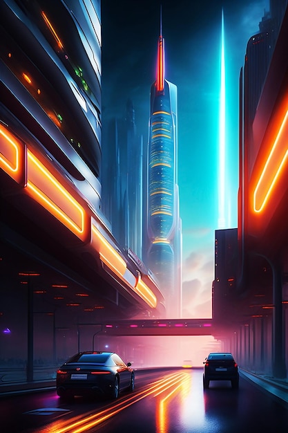 Une ville futuriste avec une enseigne au néon qui dit "cyberpunk" dessus