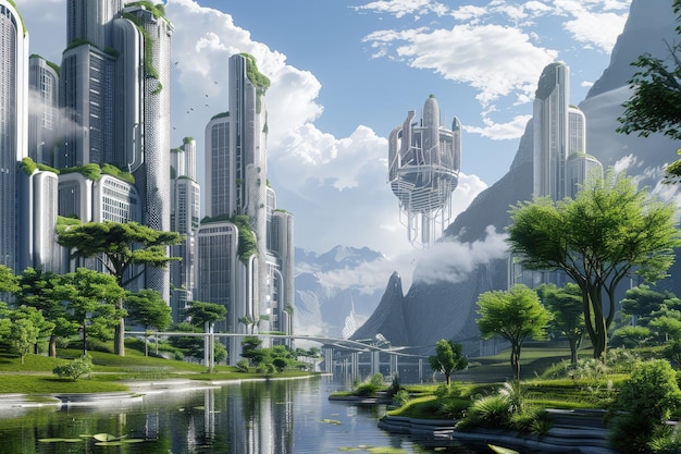 Une ville futuriste entourée d'arbres et de montagnes.