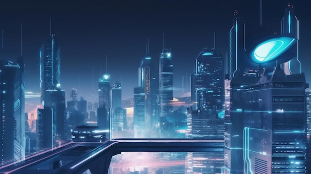 Une ville futuriste avec un fond bleu et un paysage urbain en arrière-plan.