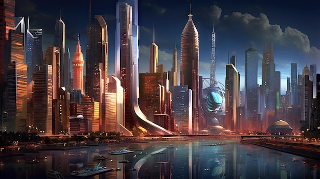 une ville futuriste avec des gratte-ciel et des bateaux au premier plan la nuit photo par personne pour voir plus d'images de ceci
