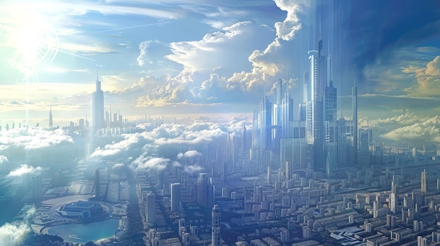 Photo ville futuriste avec des gratte-ciel sur un fond de ciel nuageux illustration générée par l'ia