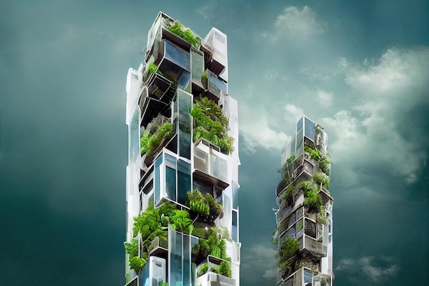 Ville futuriste, gratte-ciel avec jardin vertical, énergie durable, écosystème, énergie