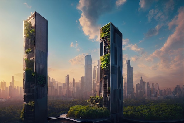 Ville futuriste, gratte-ciel avec jardin vertical, énergie durable, écosystème, énergie