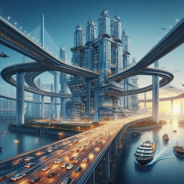 Une ville futuriste avec des immeubles de grande hauteur 3D