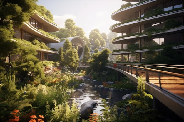 Une ville futuriste intégrée à l'harmonie de la nature verte dans la durabilité