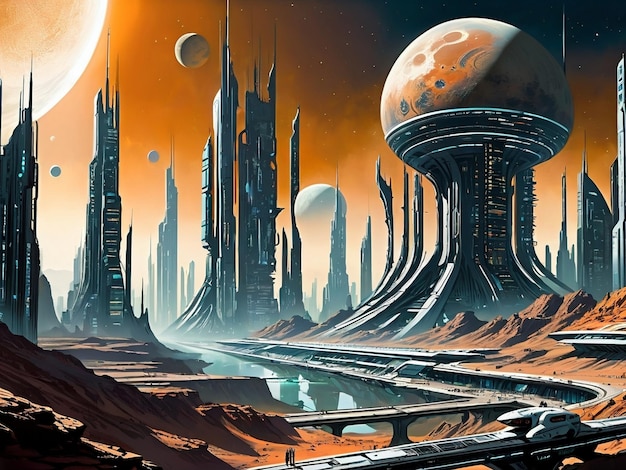 Photo une ville futuriste avec une lune en arrière-plan paysage d'exoplanète du monde de science-fiction