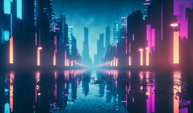 Ville futuriste avec néon de rue illuminée rose et bleue