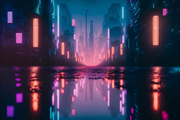 Ville futuriste avec néon de rue illuminée rose et bleue