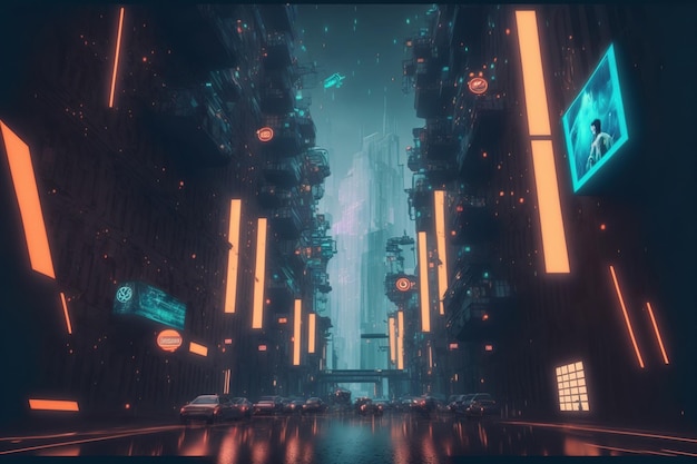 Une ville futuriste avec des néons a illuminé la rue fictive de la ville