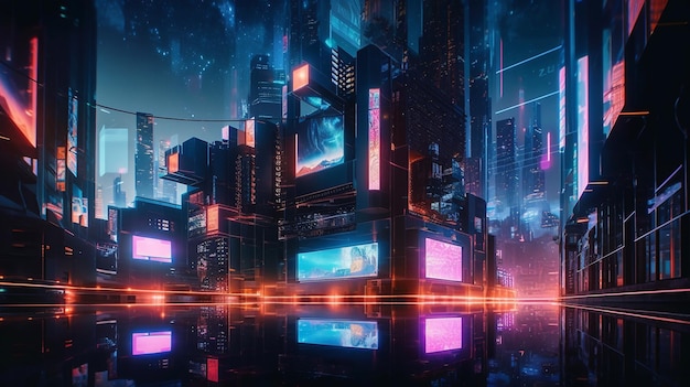 Une ville futuriste avec des néons et un panneau qui dit cyberpunk.