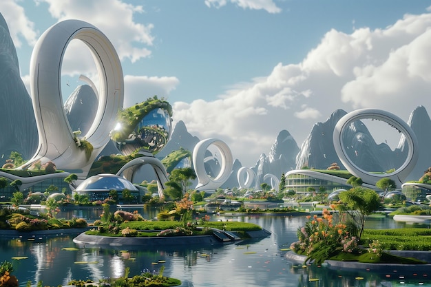 Une ville futuriste avec de nombreux bâtiments et espaces verts
