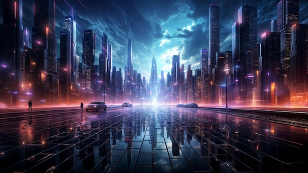 Ville futuriste la nuit avec des lumières au néon rendu 3D