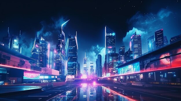 Une ville futuriste la nuit avec des lumières au néon