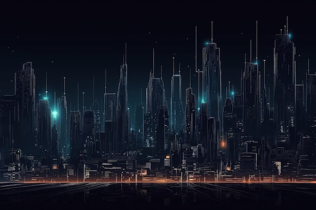 Une ville futuriste la nuit avec des lumières rougeoyantes AI générative