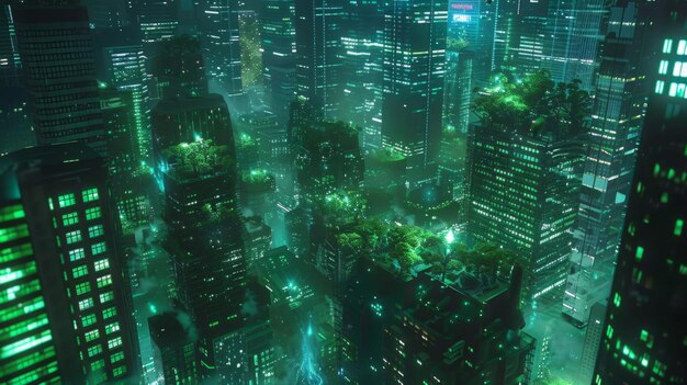 Une ville futuriste la nuit avec des lumières vertes