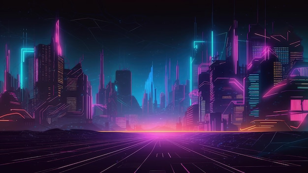 Une ville futuriste la nuit avec des néons