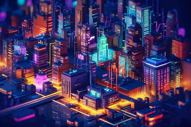 Ville futuriste la nuit avec des panneaux d'affichage de néons aux couleurs vives Generative AI
