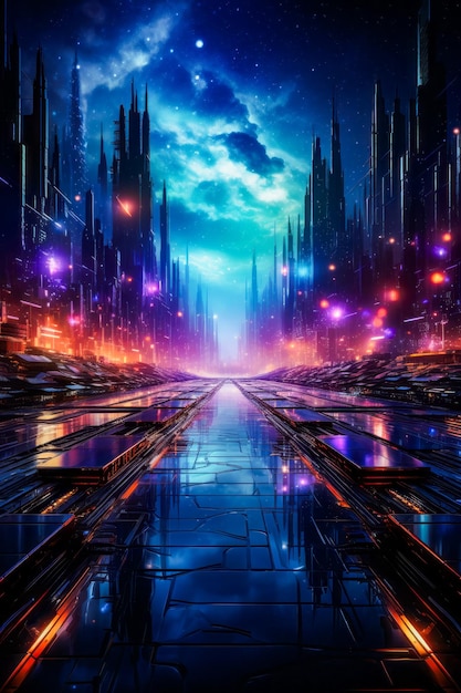 Une ville futuriste la nuit avec un reflet dans l'eau IA générative