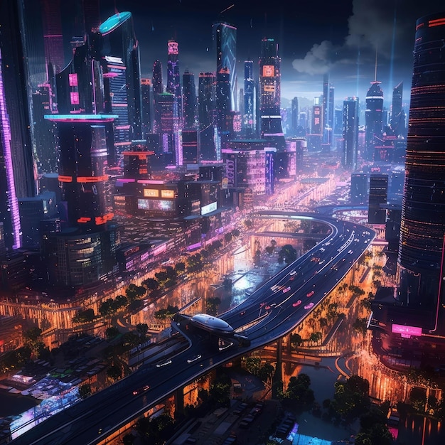 ville futuriste la nuit avec un train sur les rails