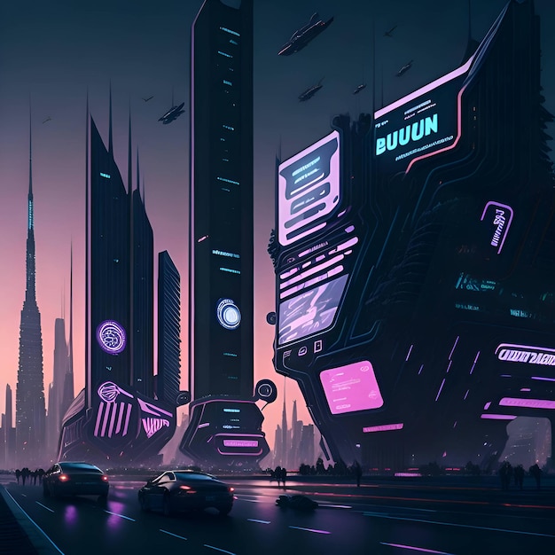 ville futuriste avec des panneaux d'affichage en arrière-plan cyberpunk
