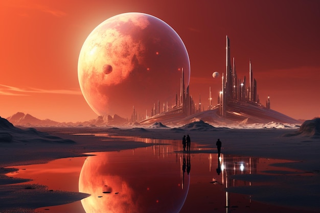 ville futuriste sur une planète lointaine avec un ciel rouge générative ai