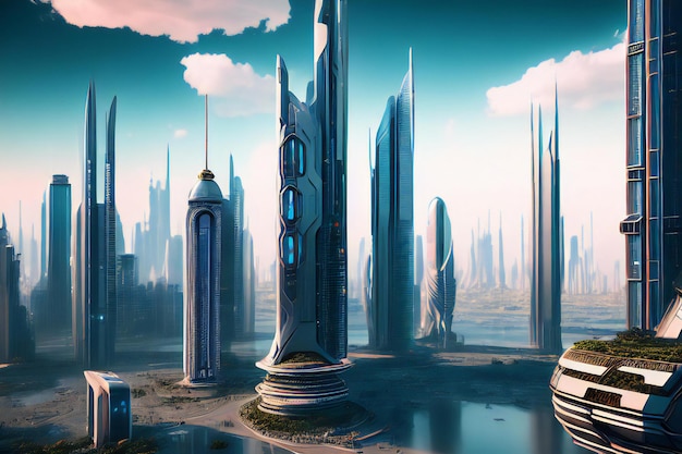 Une ville futuriste de science-fiction avec des gratte-ciel