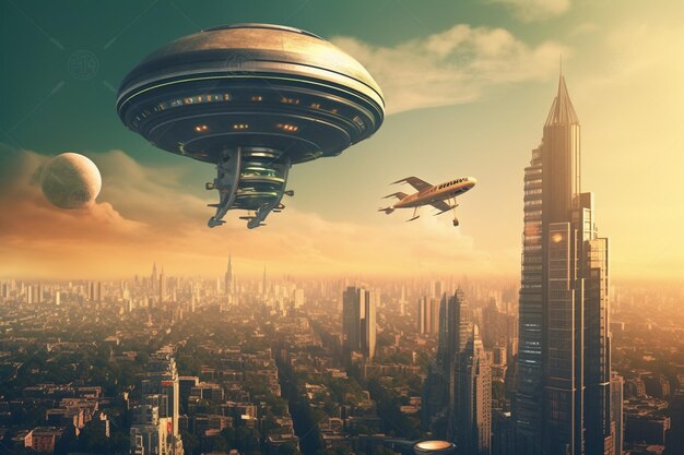 Une ville futuriste survolée par un vaisseau spatial