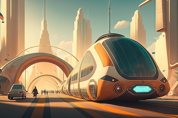 Photo ville futuriste avec système de transport en commun de véhicules autonomes sans conducteur