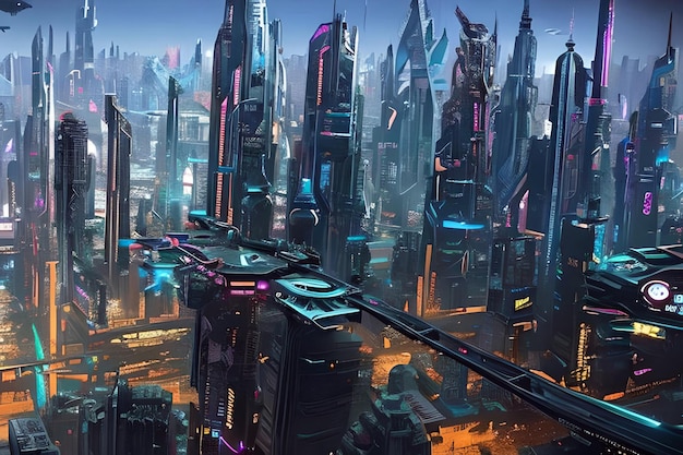 Ville futuriste de ville cyberpunk ultramoderne avec une architecture super moderne Illustration générative de l'IA