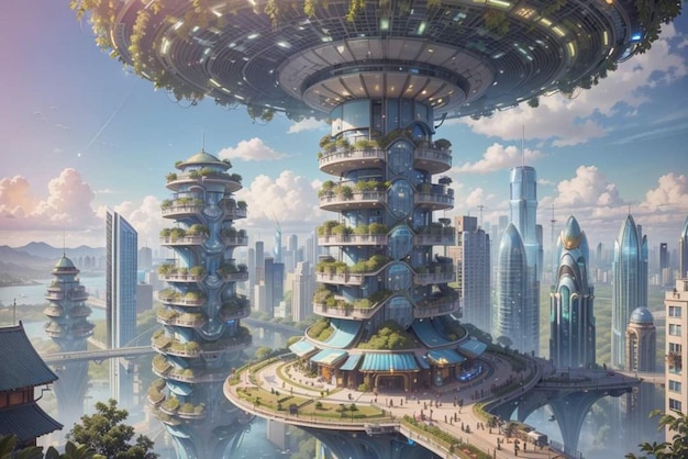 Une ville futuriste avec une ville verte en arrière-plan